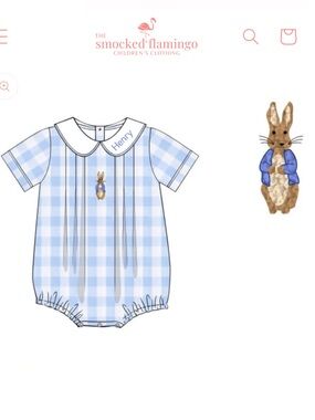 Smocked Flamingo Blue Gingham Peter Pan Romper with Peter Rabbit Detail